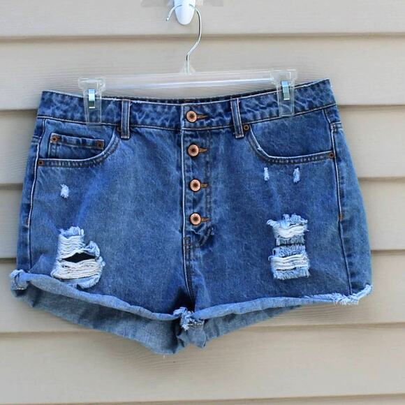 Forever 21 Button Fly Jean Shorts Ripped Destroyed Indie Sleaze Size 30 - Picture 5 of 13